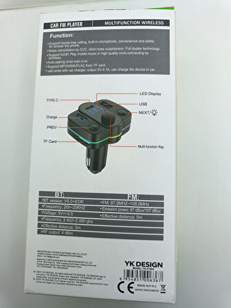 Araç Ledli Bluetooth Çakmaklık Müzik Çalar Şarj Çakmaklık 4 Gririşli Type-c Usb Usb Tfcard