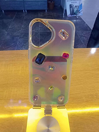 İPhone 16 Uyumlu Renkli Elmas Taşlı Hologram Kılıf Darbe Korumalı Kapak