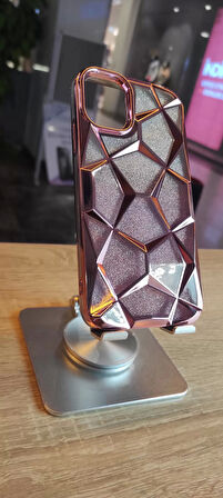 İPhone 13 /  İPhone 14 Uyumlu Taşlı Baklava Desenli Karbon Kapak Hologramlı Darbe Korumalı Kılıf
