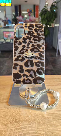 İPhone 16 Uyumlu Leopar Tasarım Kılıf Taşlı Askılı Kapak Darbe Korumalı Hologram Kapak