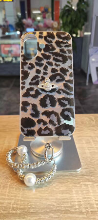 İPhone 16 Uyumlu Leopar Tasarım Kılıf Taşlı Askılı Kapak Darbe Korumalı Hologram Kapak