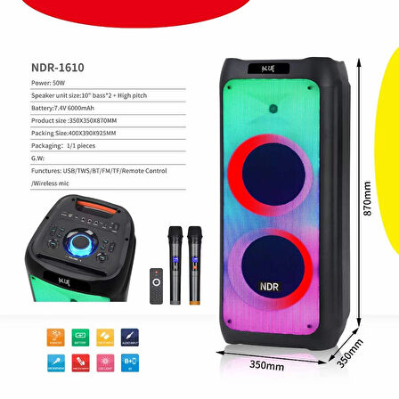 NDR-1610 DEV SES BOMBASI 10 inç yüksek kalite kablosuz mic karaoke BT hoparlörler mikrofon