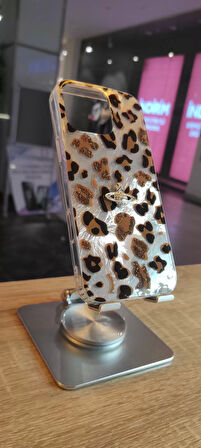 İPhone 15 Uyumlu Leopar Tasarım Kılıf Taşlı Askılı Kapak Darbe Korumalı Hologram Kapak