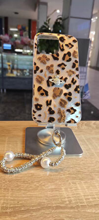 İPhone 15 Uyumlu Leopar Tasarım Kılıf Taşlı Askılı Kapak Darbe Korumalı Hologram Kapak