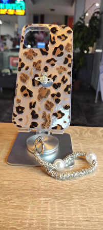 İPhone 15 Uyumlu Leopar Tasarım Kılıf Taşlı Askılı Kapak Darbe Korumalı Hologram Kapak