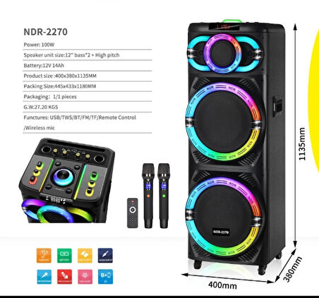 NDR-2270 Çift 12 İnç Woofer Kablosuz Karaoke Hoparlör Mikrofonlu Sahne Taşınabilir Dev Ses Bombası