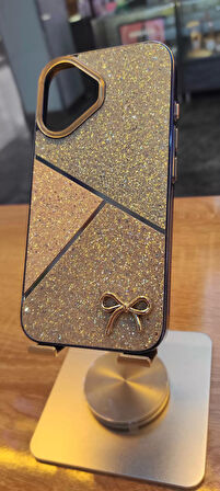 İPHone 16 Uyumlu Taşlı Kurdele Figürlü Karbon Kılıf Darbe Korumalı Kapak