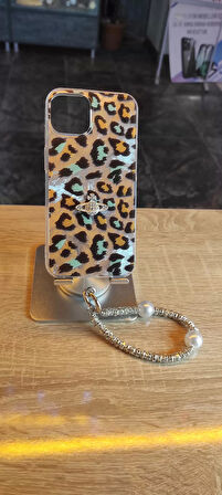 İPhone 14 Uyumlu Leopar Tasarım Kılıf Taşlı Askılı Kapak Darbe Korumalı Hologram Kapak