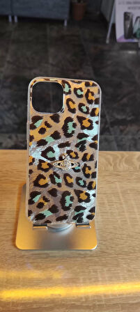 İPhone 14 Uyumlu Leopar Tasarım Kılıf Taşlı Askılı Kapak Darbe Korumalı Hologram Kapak