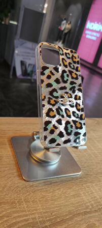 İPhone 14 Uyumlu Leopar Tasarım Kılıf Taşlı Askılı Kapak Darbe Korumalı Hologram Kapak