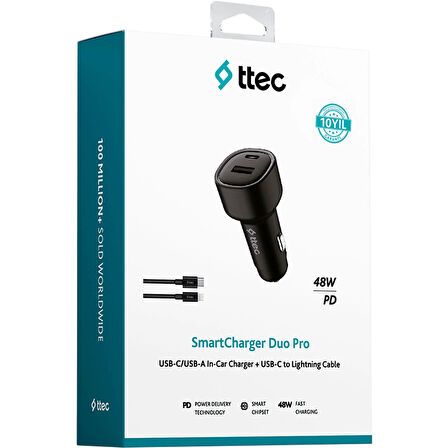 TTEC 2CKP02CS SmartCharger Duo PD 48W Araç İçi Hızlı Şarj Cihazı USB-C+USB-A - USB-C-USB-C 3A Kablo-Siyah