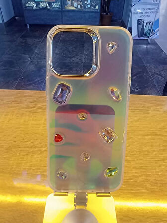 İPhone 16 Pro Max Uyumlu Renkli Elmas Taşlı Desen1 Hologram Kapak Darbe Korumalı Kılıf