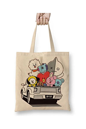 Bts Bt21 Beyaz Bez Çanta Uzun Saplı Alışveriş Çantası Plaj Çantası