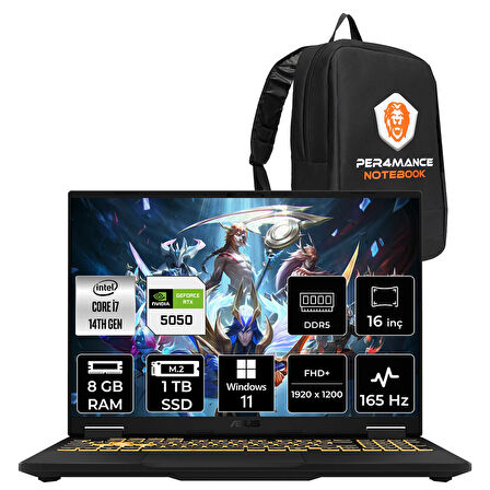 Asus TUF F16 i7 14650HX 8GB 1TB SSD RTX5050/8GB 115W 165Hz 16'' WUXGA W11P Gaming Laptop FX608JHR