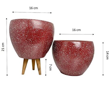 Ev Dekorasyon Bordo Granit Toprak Saksı Saksılık Salon Çiçeklik İkili Set Ayaksız - 3 Ayaklı- 15 CM