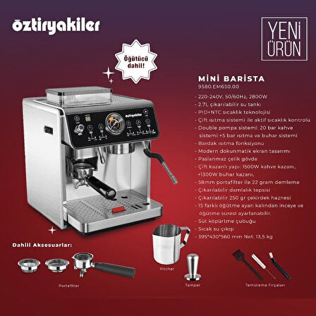 Öztiryakiler Mini Barista Espresso Kahv.Mak.2800 W Kahve Değ.dahil 2,7 lt su tankı