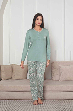 Kadın Etnik Desen 3 Düğmeli Likralı Viskon Mevsimlik Uzun Kol Pijama Takımı