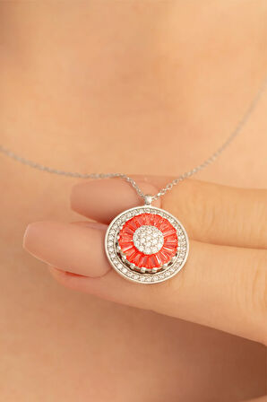 Kadın Gümüş Kolye - Turuncu Baget Taşlı Döner Başlı Gümüş Kolye