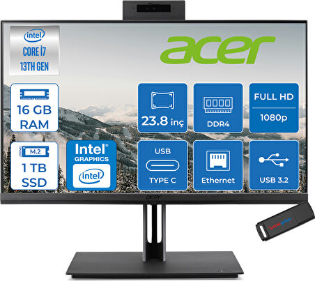 Acer Veriton 4000 VZ4714GT Intel Core I7 13700 16GB Ram 1tb SSD Freedos UHD Graphics 23.8" Yükseklik Ayarı, Pivot, Vesa Desteği Fullhd All In One Bilgisayar DQR03EM00GF08 + Zetta Flash Bellek
