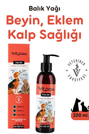 Vitpaw Fish Oil 200 ml.  (Kedi VE Köpekler İçin Omega 3 ve 6 İçerikli Balık Yağı)