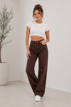 Nova Kadın Yüksek Bel Kaahverengi Salaş Jeans Wide Leg Geniş Paça Palazzo Kot Pantolon