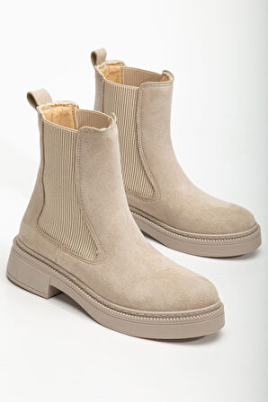 Kadın Lastikli Günlük Bej Süet Kalın Tabanlı Bot  