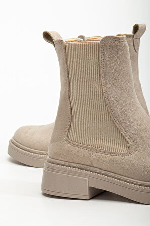 Kadın Lastikli Günlük Bej Süet Kalın Tabanlı Bot  