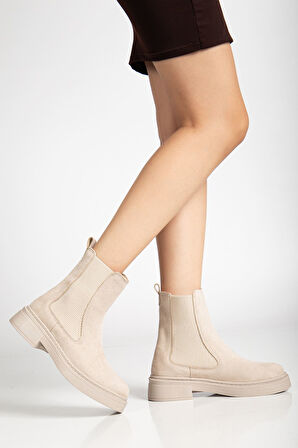 Kadın Lastikli Günlük Bej Süet Kalın Tabanlı Bot  