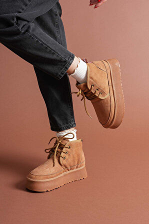 Venessa Kadın Mini Taba Süet Bağcıklı içi Tüylü Düz Taban Bot