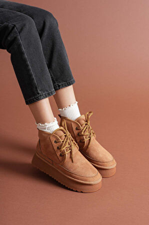 Venessa Kadın Mini Taba Süet Bağcıklı içi Tüylü Düz Taban Bot