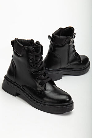 Kadın Siyah Cilt Bağcık Ve Fermuarlı Postal Bot