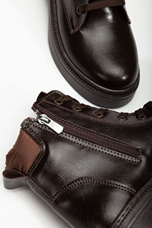 Kadın Kahverengi Cilt Bağcık Ve Fermuarlı Postal Bot 