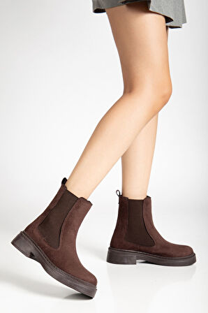 Kadın Lastikli Günlük Kahverengi Süet Kalın Tabanlı Bot 