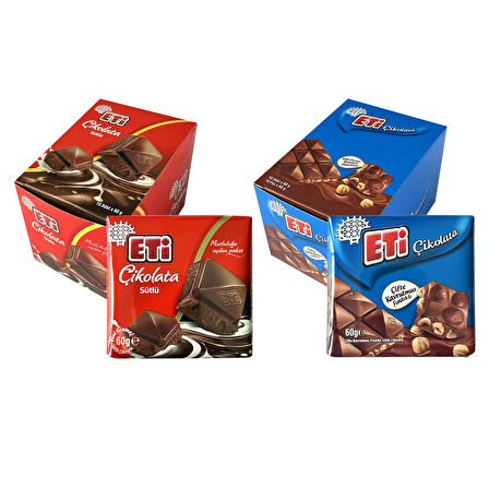 Eti Çikolata Sütlü Kare 60 gr 10 lu + Fındıklı Kare 60 gr 10 lu