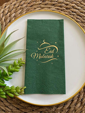Gold Yaldızlı Yeşil Eid Mubarak Peçete 16 Adet