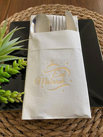 Gold Beyaz Cepli Aır Touch Eid Mubarak Peçete 12 Adet 40x40