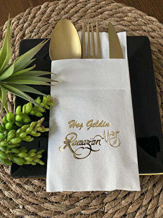 Gold Yaldızlı Beyaz Hoş Geldin Ramazan Cepli Touch Peçete 12 li 40x40