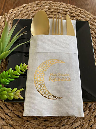 Gold Yaldızlı Beyaz Hoş Geldin Ramazan Ay Desenli Cepli Touch Peçete 12 li 40x40