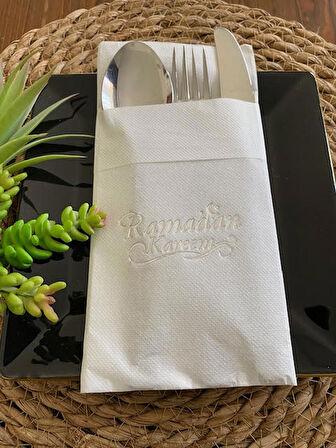 Gümüş Beyaz Cepli Ramadan Karem Peçete 12 Adet 40x40 Yeni Model