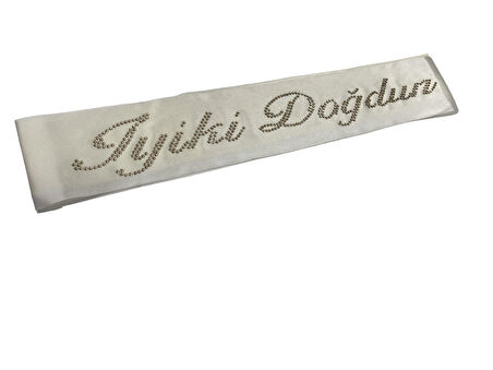 Gold Taşlı İyi Ki Doğdun Kuşak Beyaz