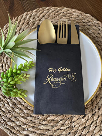 Gold Yaldızlı Siyah Hoş Geldin Ramazan Cepli Touch Peçete 12 li 40x40