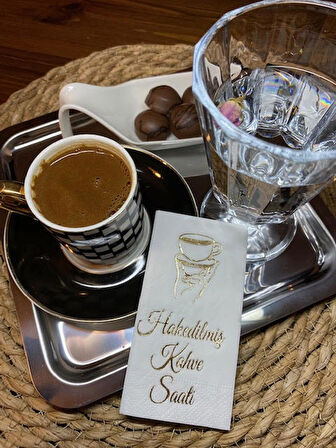 Gold Yaldızlı Beyaz Hakedilmiş Kahve Saati Peçete 6x12 cm