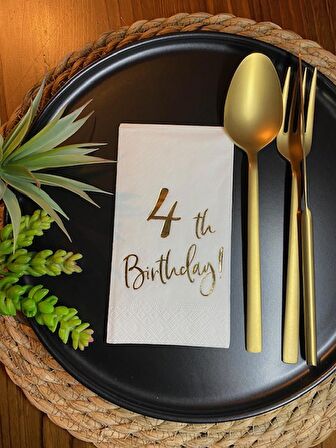 Gold Yaldızlı Beyaz Dört Yaş Bırthday Garson Katlama Peçete 16 lı