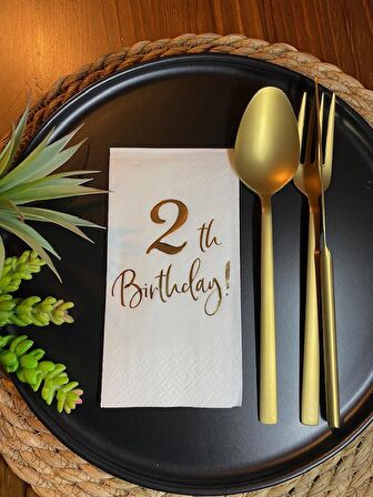Gold Yaldızlı Beyaz İki Yaş Bırthday Garson Katlama Peçete 16 lı