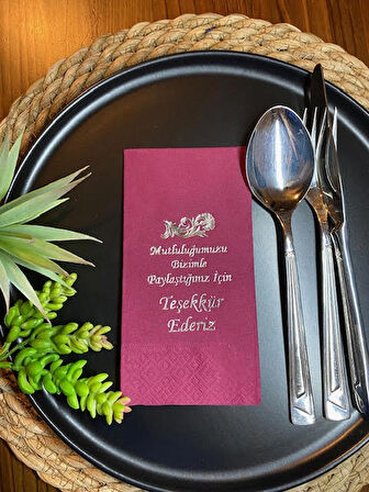 Gümüş Yaldızlı Bordo Mutluluğumuzu Bizimle Paylaştığınız İçin Teşekkür ederiz Peçete 16 lı