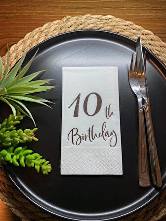 Gümüş Yaldızlı Beyaz On Yaş Bırthday Garson Katlama Peçete 16 lı