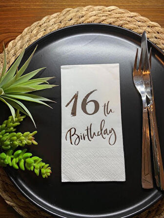 Gümüş Yaldızlı Beyaz On Altı Yaş Bırthday Garson Katlama Peçete 16 lı