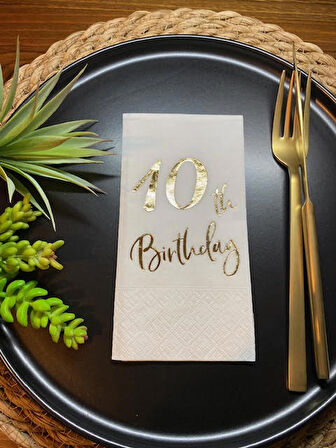 Gold Yaldızlı Beyaz On Yaş Bırthday Garson Katlama Peçete 16 lı