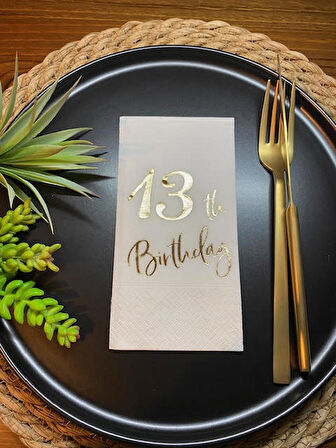 Gold Yaldızlı Beyaz On Üç Yaş Bırthday Garson Katlama Peçete 16 lı