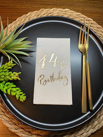 Gold Yaldızlı Beyaz On Dört Yaş Bırthday Garson Katlama Peçete 16 lı